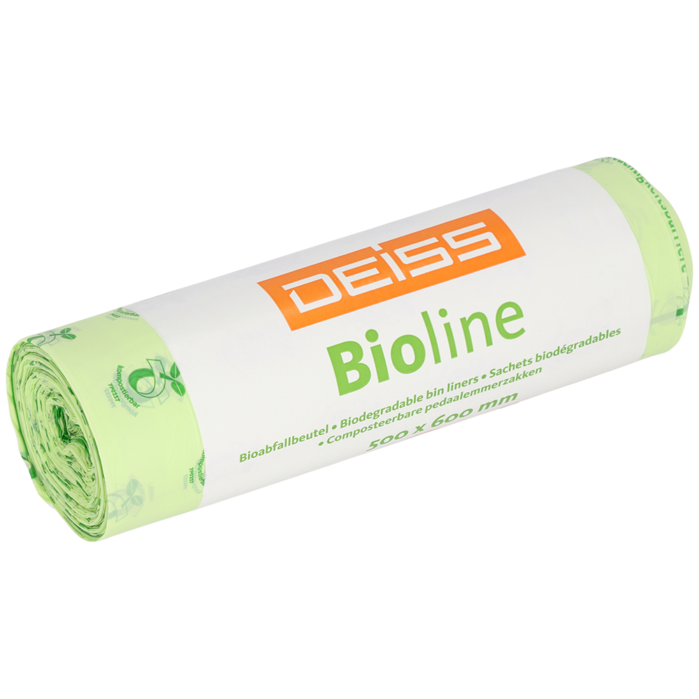 Eine Rolle EMIL DEISS KG DEISS BIOLINE Müllbeutel, Biofolie, 30L, naturfarben, 500x600x0,018 mm (20 Stück), hebt die kompostierbaren Eigenschaften für eine nachhaltige Abfallentsorgung hervor.