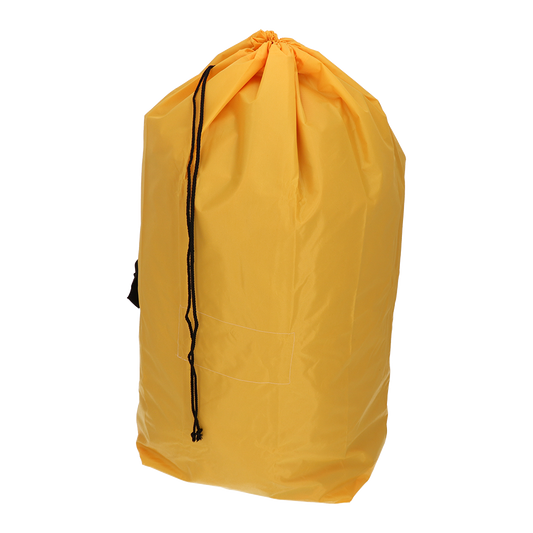 Ein großer gelber EMIL DEISS KG (GmbH + Co.) DEISS 6507 wiederverwendbarer Abfallsack 700x1100 mm, Packung (1 Stück), steht aufrecht mit schwarzen Kordelzügen und einem kleinen Frontaufnäher, perfekt für umweltfreundliche Abfallentsorgung.