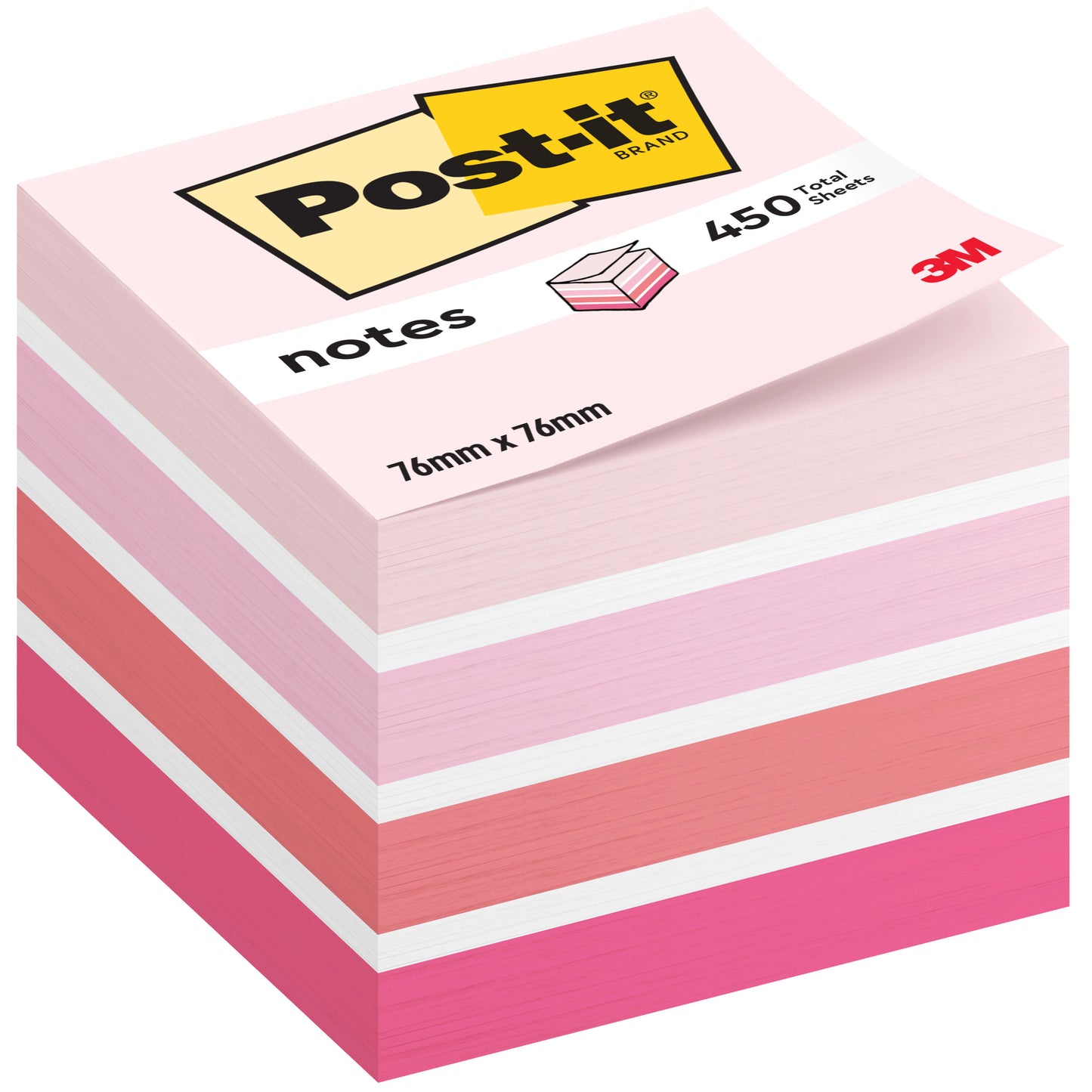 Μια στοίβα κύβων Post-it® Notes, 76 mm x 76 mm, 450 φύλλα ανά μπλοκ, από την 3M Deutschland GmbH. Σε αποχρώσεις ροζ, λευκού και ροδακινί· η συσκευασία φέρει το λογότυπο "Post-it" και επισημαίνει την 100% πιστοποίηση PEFC.
