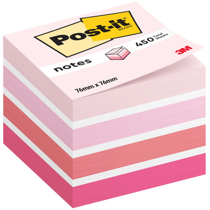 Μια στοίβα κύβων Post-it® Notes, 76 mm x 76 mm, 450 φύλλα ανά μπλοκ, από την 3M Deutschland GmbH. Σε αποχρώσεις ροζ, λευκού και ροδακινί· η συσκευασία φέρει το λογότυπο "Post-it" και επισημαίνει την 100% πιστοποίηση PEFC.
