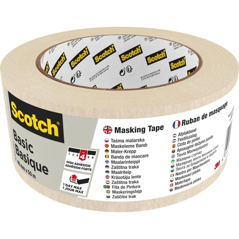 Μία ρολή ταινίας κάλυψης Scotch® Basic, 50 μ από την 3M Deutschland GmbH, διαθέτει πολυγλωσσική συσκευασία με το όνομα της μάρκας, πληροφορίες προϊόντος, οδηγίες χρήσης, σύμβολο για ισχυρή πρόσφυση, μπεζ ταινία και το λογότυπο 3M.