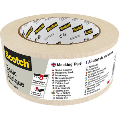 Μία ρολή ταινίας κάλυψης Scotch® Basic, 50 μ από την 3M Deutschland GmbH, διαθέτει πολυγλωσσική συσκευασία με το όνομα της μάρκας, πληροφορίες προϊόντος, οδηγίες χρήσης, σύμβολο για ισχυρή πρόσφυση, μπεζ ταινία και το λογότυπο 3M.