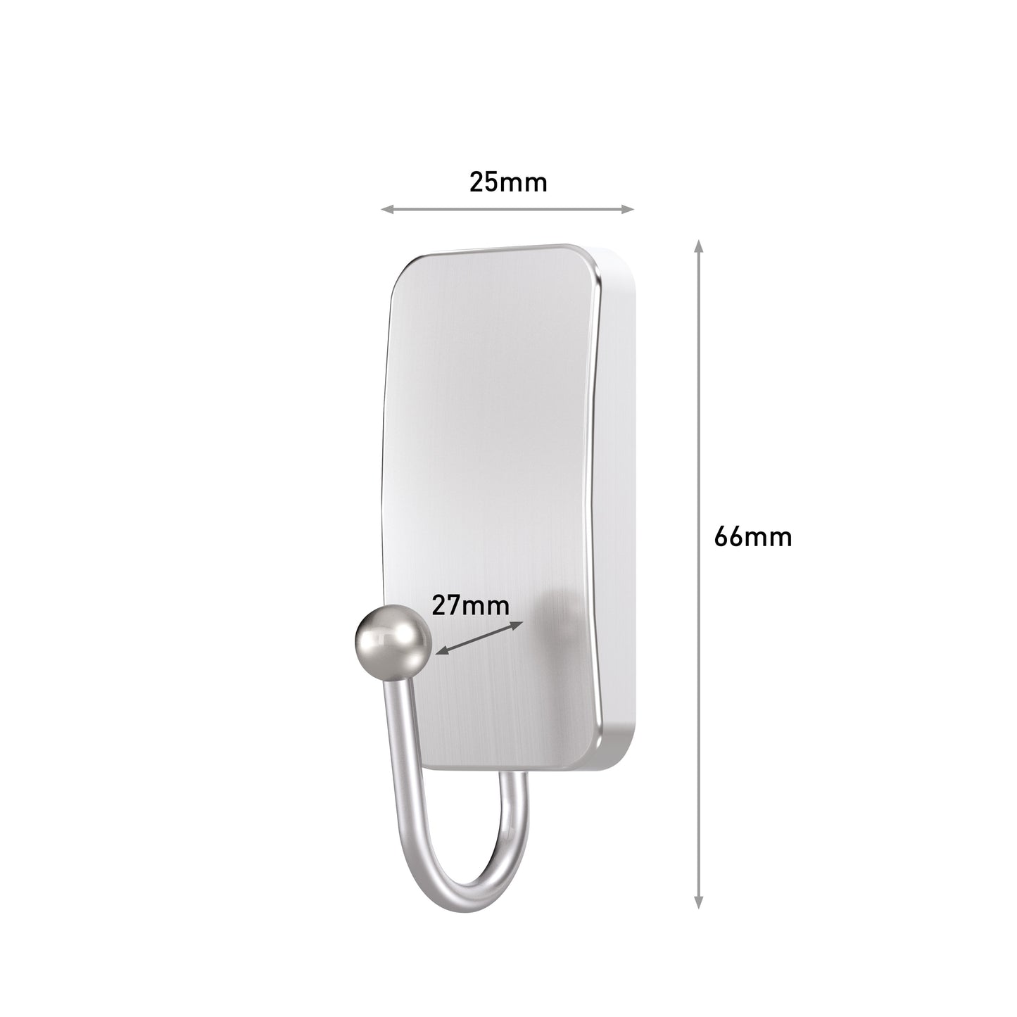 Der Command™ Metall-Haken Bad, schmal, Satin Nickel von 3M Deutschland GmbH verfügt über eine 25mm x 66mm große rechteckige Rückwand und einen abgerundeten Haken (27mm), ideal für Badezimmer Aufbewahrung. Der Hintergrund ist schlicht weiß.