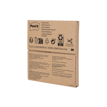Μια σφραγισμένη καφέ συσκευασία των 3M Deutschland GmbH Post-it® Διαφανείς Σημειώσεις (73 x 73 mm, 36 φύλλα/μπλοκ, 12 μπλοκ/συσκευασία) είναι εφοδιασμένη με επωνυμία, ανακυκλώσιμα σύμβολα και πολυγλωσσικές πληροφορίες όπως "διαφανείς σημειώσεις".