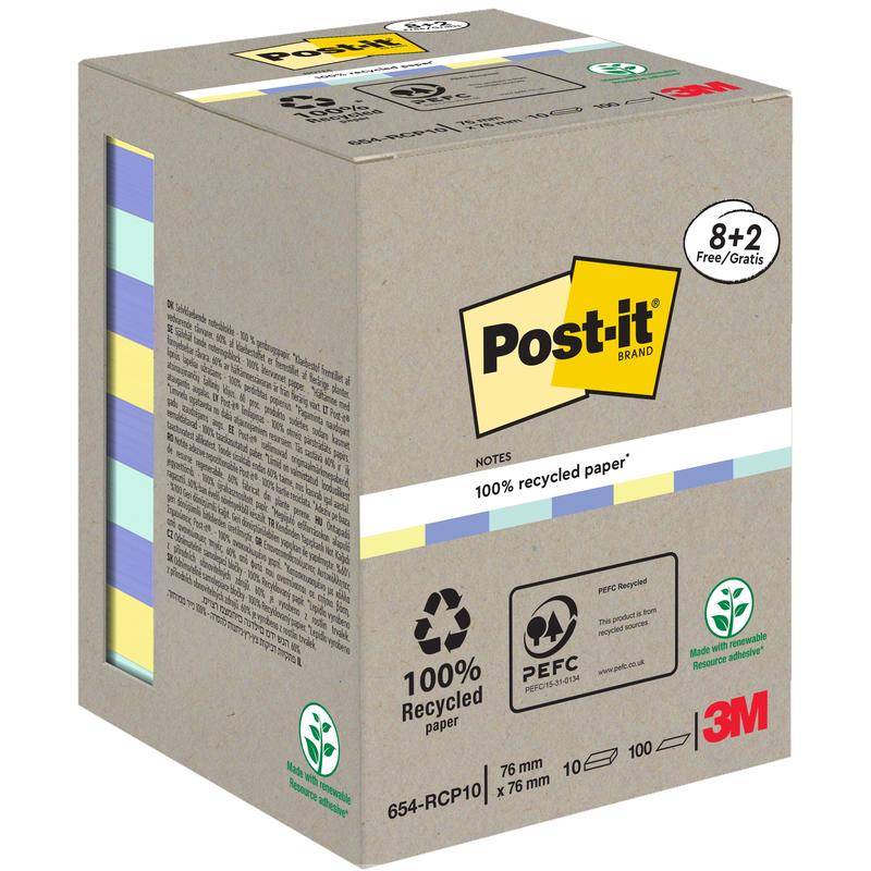Post-it® Σημειώσεις Ανακύκλωσης από την 3M Deutschland GmbH, μέγεθος 76x76 mm, από 100% χαρτί πιστοποιημένο από PEFC, πακέτο προσφοράς με 10 μπλοκ των 100 φύλλων. Κουτί με σύμβολα ανακύκλωσης και περιβαλλοντικές πιστοποιήσεις.