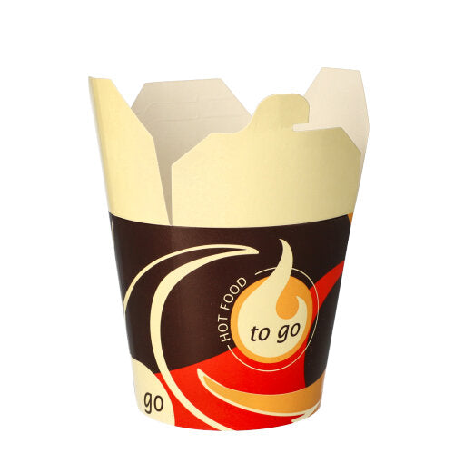 Ένας μεμονωμένος τετράγωνος περιέκτης για φαγητό σε πακέτο (750 ml) από Starpak Snackboxen "To Go" στέκεται όρθιος σε λευκό φόντο και έχει ένα πολύχρωμο σχέδιο με την επιγραφή "Hot Food to Go" στην μπροστινή πλευρά - ιδανικός για τη μεταφορά των αγαπημένων σας πιάτων.