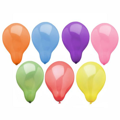 Sieben PAPSTAR 100 Luftballons rund farbig sortiert (orange, blau, lila, pink, grün, rot, gelb) der Marke PAPSTAR GmbH sind in zwei Reihen vor weißem Hintergrund angeordnet.
