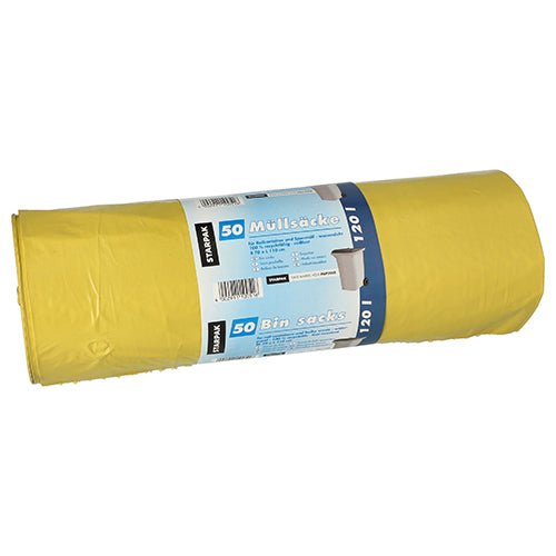 Ένας ρόλος Starpak 50 σακούλες απορριμμάτων, LDPE 120l (110x70cm), αποτελείται από έναν κίτρινο σάκο με μια μπλε-λευκή, πολυγλωσσική ετικέτα, στην οποία αναφέρεται η ποσότητα των 50 τεμαχίων και εικόνες δοχείων. Κατασκευασμένο από ανθεκτική μεμβράνη LDPE.