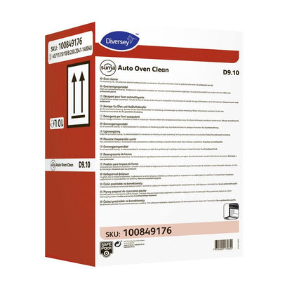 Ένα λευκό-κόκκινο δοχείο 5 λίτρων Diversey Suma Auto Oven Clean D9.10, ένα ισχυρό αλκαλικό καθαριστικό για αυτόματο καθαρισμό φούρνων από την Diversey Deutschland GmbH & Co. OHG, με οδηγίες σε πολλές γλώσσες και SKU 100849176.