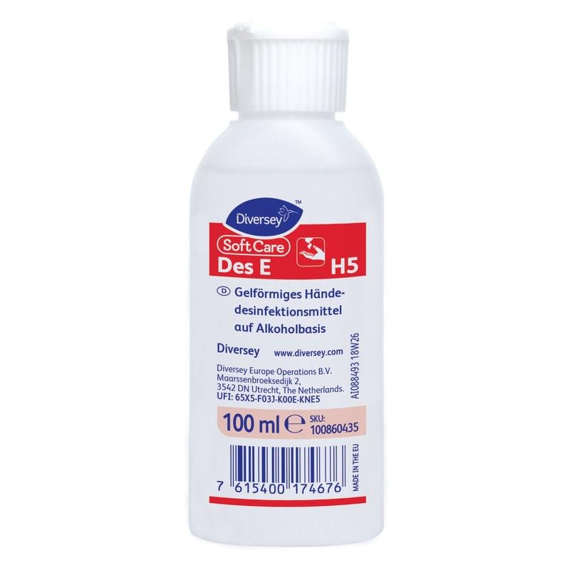 Ένα λευκό μπουκάλι των 500 ml Soft Care Des E, VAH-καταχωρημένο, σε μορφή γέλης απολυμαντικό χεριών από Diversey Deutschland GmbH & Co. OHG, με γερμανική ετικέτα σε κόκκινο-λευκό και μπλε γραμμωτό κώδικα στο κάτω μέρος.