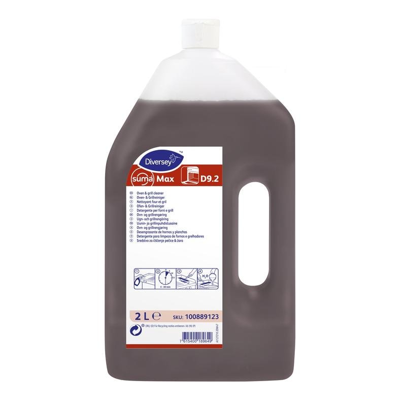 Ένα μπουκάλι 2L Diversey Suma Max D9.2 καθαριστικό φούρνου και σχάρας (χωρίς ετικέτα κινδύνου) από την Diversey Deutschland GmbH & Co. OHG, με λαβή και λευκό καπάκι. Ετικέτα μπροστά με πολυγλωσσικές οδηγίες και πληροφορίες προϊόντος.