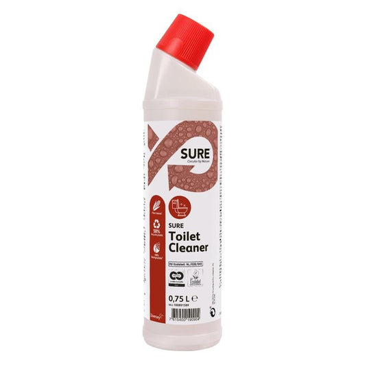 Μια λευκή πλαστική φιάλη 0,75 L του προϊόντος SURE Toilet Cleaner, καθαριστικό για τουαλέτες και ουρητήρια της Diversey Deutschland GmbH & Co. OHG, με κόκκινο γωνιακό πώμα και κόκκινη-λευκή ετικέτα, εξασφαλίζει τον αποτελεσματικό καθαρισμό τουαλετών και ουρητηρίων.