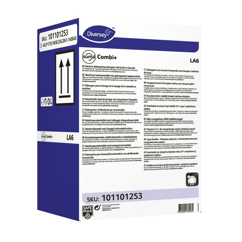 Ένα λευκό ορθογώνιο κουτί με μοβ και μαύρες λεπτομέρειες, με την επιγραφή «Diversey Suma Combi+ LA6, Συνδυασμένο καθαριστικό και λαμπρυντικό για μέτρια σκληρό νερό» από την Diversey Deutschland GmbH & Co. OHG, με λεπτομέρειες, οδηγίες, έναν γραμμωτό κώδικα και SKU 101101253.