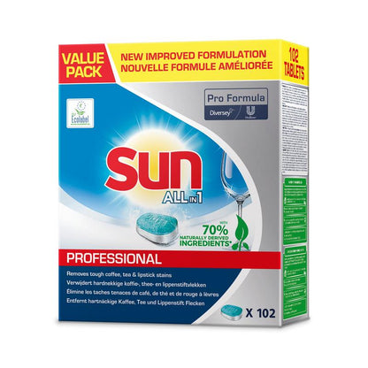 Μια συσκευασία Sun Professional All in 1 Tabs για το πλυντήριο πιάτων από την Diversey Deutschland GmbH & Co. OHG περιέχει 102 ταμπλέτες, αποτελείται κατά 70% από φυσικά συστατικά και έχει βελτιωμένη φόρμουλα, κάτι που αναγράφεται σαφώς στη συσκευασία.