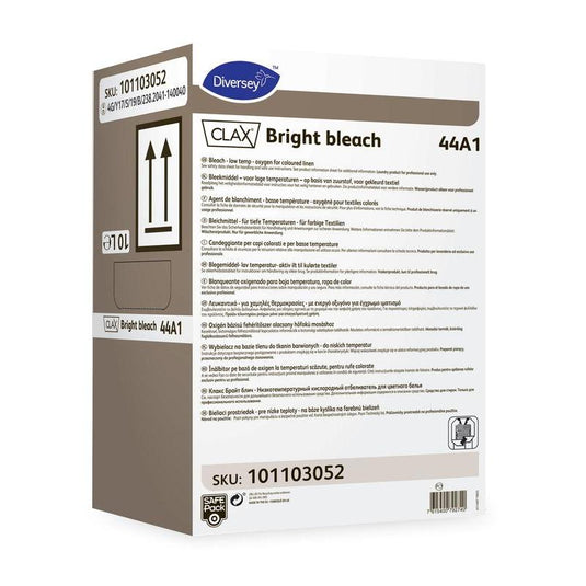 Ένα ορθογώνιο δοχείο με την ένδειξη «Clax Bright Bleach 44A1 Λευκαντικό για πολύχρωμα ρούχα» της Diversey Deutschland GmbH & Co. OHG, με πολυγλωσσικές πληροφορίες για το προϊόν, οδηγίες χρήσης και προειδοποιήσεις. Αποτελεσματικό σε πολύχρωμα ρούχα και επίμονους λεκέδες. Κωδικός προϊόντος: 101103052.