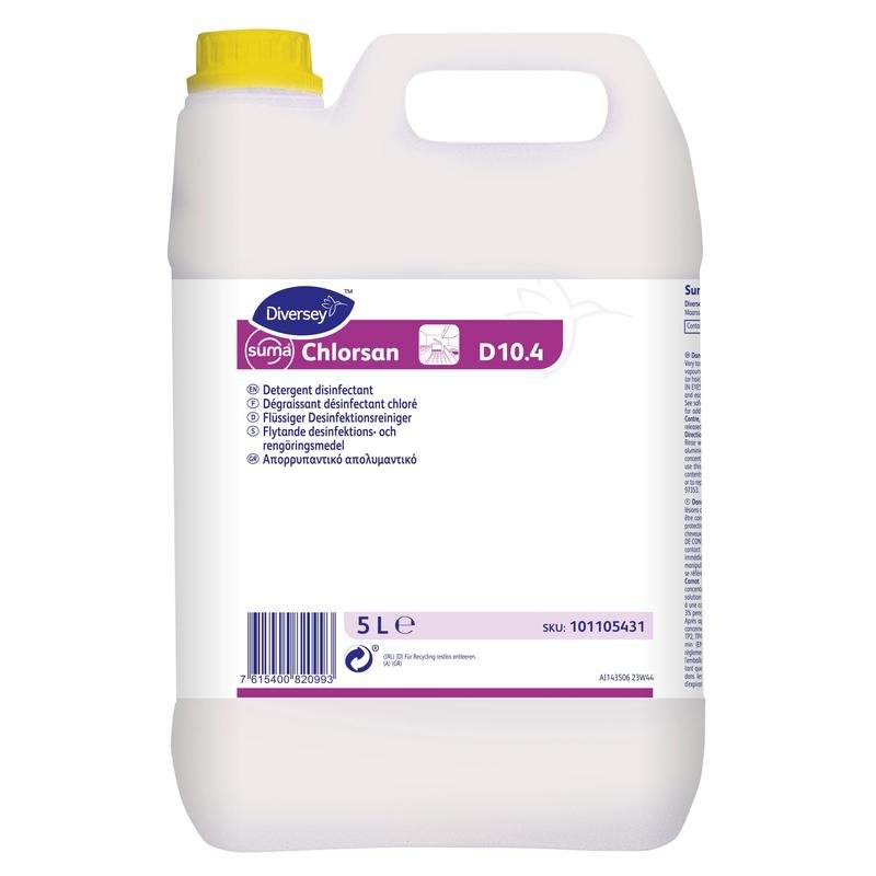Ένα δοχείο 5 λίτρων από λευκό πλαστικό με Diversey Suma Chlorsan D10.4 απολυμαντικό καθαριστικό με ενεργό χλώριο από την Diversey Deutschland GmbH & Co. OHG, με κίτρινο καπάκι και μοβ-λευκή πολυγλωσσική ετικέτα.