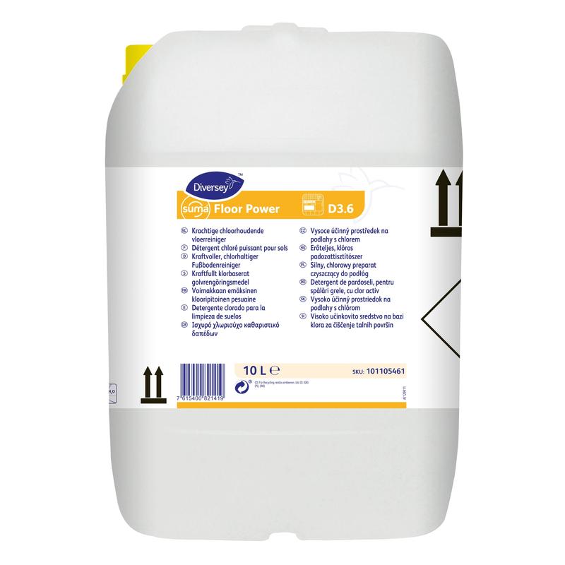 Ένα δοχείο 10 λίτρων Suma Floor Power D3.6, ένα χλωροαλκαλικό καθαριστικό δαπέδου από την Diversey Deutschland GmbH & Co. OHG, με κίτρινο καπάκι και πολυγλωσσική ετικέτα με οδηγίες και μαύρα σύμβολα.