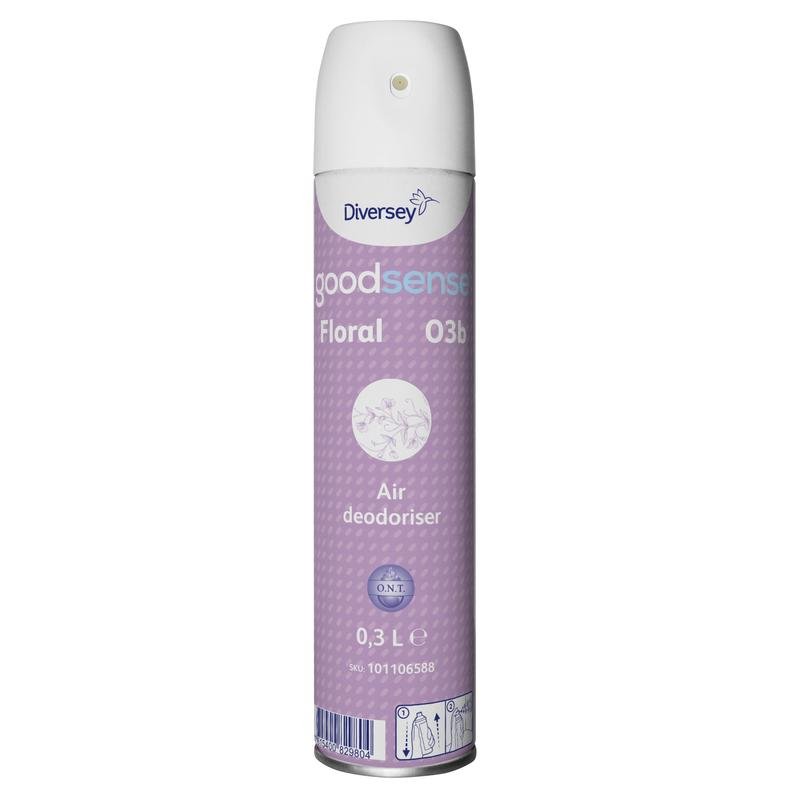 Ένα δοχείο 300 ml Good Sense Floral σπρέι αέρα-αποσμητικό χώρου και εξουδετερωτής οσμών από την Diversey Deutschland με μοβ ετικέτα και λευκό καπάκι εξασφαλίζει ένα ευχάριστο, φρέσκο περιβάλλον.