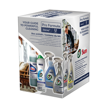 Eine Diversey Pro Formula Reinigungsset (6-teilig) Box mit Abbildungen von Handspülmittel, Fettlöser, Edelstahl-, Bad-, Glas- & Oberflächenreiniger und Scheuermilch. Auf der Verpackung sind Reinigungstipps und eine Person abgebildet, die eine Küchentheke putzt.