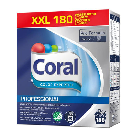 Ένα κουτί απορρυπαντικού ρούχων Coral Professional Color Expertise (180 πλύσεις, 8 kg σκόνης) της Diversey Deutschland GmbH & Co. OHG με την επωνυμία Pro Formula, μπλε σχεδιασμό, που προσφέρει προστασία χρωμάτων και ινών για λαμπερά χρώματα.