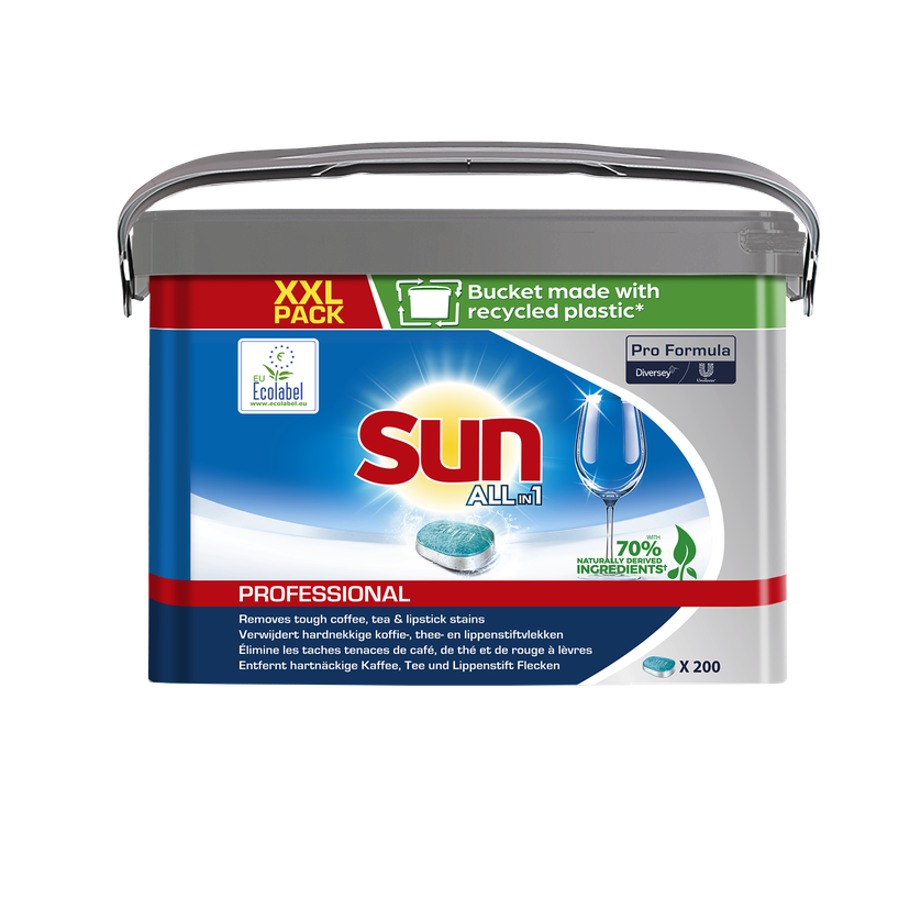 Ένας πλαστικός κουβάς Sun Professional All in 1 Tabs για το πλυντήριο πιάτων από την Diversey Deutschland GmbH & Co. OHG, συσκευασία XXL με 200 ταμπλέτες, 70% φυσικά συστατικά, πιστοποιημένο με Ecolabel; κουβάς από ανακυκλωμένο πλαστικό.