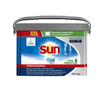 Ένας πλαστικός κουβάς Sun Professional All in 1 Tabs για το πλυντήριο πιάτων από την Diversey Deutschland GmbH & Co. OHG, συσκευασία XXL με 200 ταμπλέτες, 70% φυσικά συστατικά, πιστοποιημένο με Ecolabel; κουβάς από ανακυκλωμένο πλαστικό.