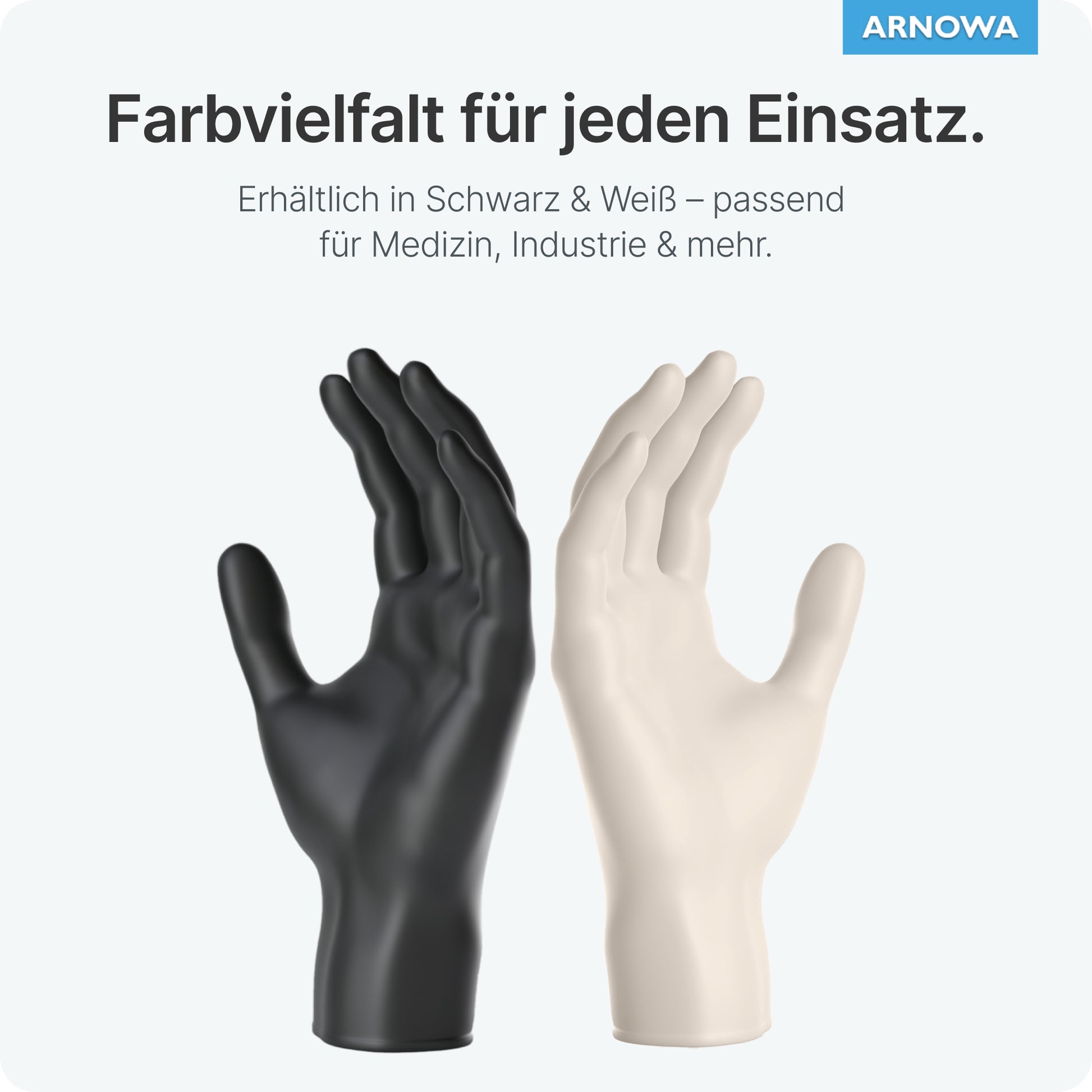 Zwei aufrechte ARNOMED LATEX PF puderfreie Einmalhandschuhe aus Latex Natur von ARNOWA GmbH, einer schwarz, einer weiß, stehen nebeneinander. Deutscher Text oben hebt die Farbvielfalt und Eignung für Medizin und Industrie hervor.