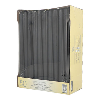 Απεικονίζεται ένα χάρτινο κουτί με 50 κεριά Starpak (Ø 2,2 cm - 25 cm), όπου τα μαύρα κεριά στέκονται καθαρά όρθια και είναι ορατά μέσα από τη διαφανή πλαστική συσκευασία.