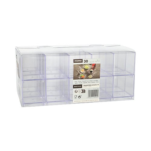 Τα Starpak 30 Fingerfood-Schalen είναι ένα διαφανές κουτί πολυστυρενίου (PS) με δέκα τετράγωνα διαμερίσματα, ένα διαφανές καπάκι με κλίση και μια ετικέτα για 30 κομμάτια. Κάθε διαμέρισμα χωράει 55 ml και έχει διαστάσεις 4,7 x 4,2 x 4,2 cm.