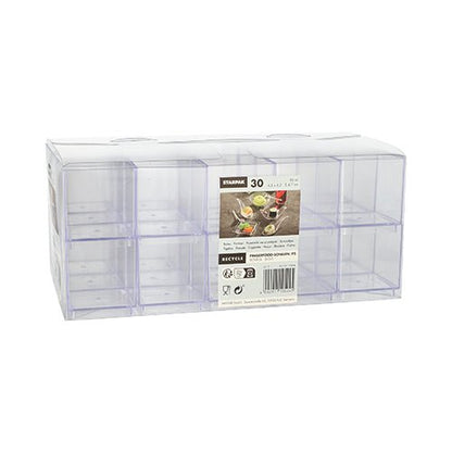 Τα Starpak 30 Fingerfood-Schalen είναι ένα διαφανές κουτί πολυστυρενίου (PS) με δέκα τετράγωνα διαμερίσματα, ένα διαφανές καπάκι με κλίση και μια ετικέτα για 30 κομμάτια. Κάθε διαμέρισμα χωράει 55 ml και έχει διαστάσεις 4,7 x 4,2 x 4,2 cm.