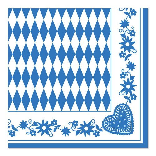 Οι PAPSTAR χαρτοπετσέτες 1/4-πτυχή, 40x40 cm μπλε, "Bayrisch Blau" από την PAPSTAR GmbH έχουν ένα μπλε-λευκό διαμαντένιο κέντρο με μπλε λουλουδάτο και καρδιοειδές περίγραμμα - ιδανικές βαυαρικές χαρτοπετσέτες για το Oktoberfest (50 κομμάτια).