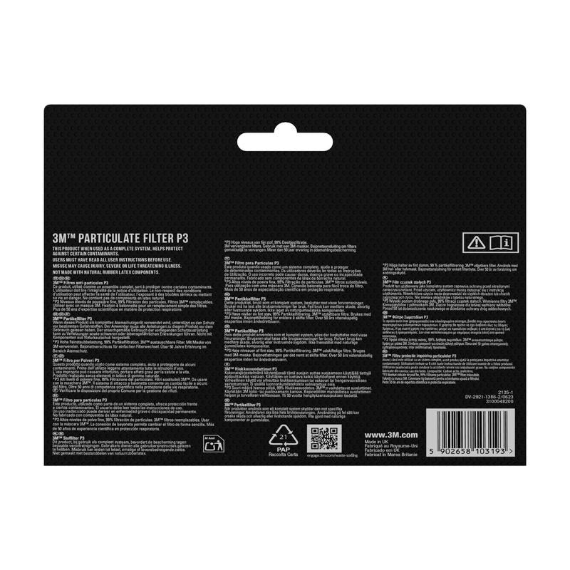 Πίσω όψη της μάσκας σωματιδίων 3M™ Cool Flow™ 9928 για εργασίες συγκόλλησης (1 τεμάχιο) από την 3M Deutschland GmbH - δείχνει πληροφορίες, οδηγίες, προειδοποιήσεις, γραμμωτούς κώδικες και στοιχεία κατασκευαστή σε μαύρο φόντο.