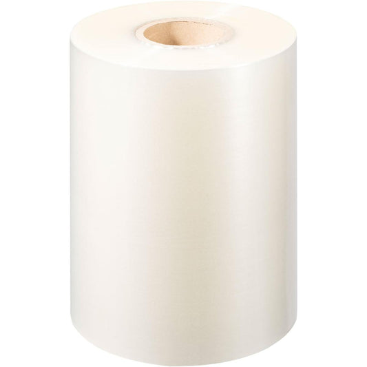 Eine Rolle Duni GmbH PP-Siegelfolie Antifog, mit einem Kern aus Karton, steht aufrecht auf weißem Hintergrund. Diese glänzende Folie ist mit einer Antifog-Beschichtung versehen und eignet sich daher perfekt für Lebensmittelverpackungen und Verpackungszwecke.