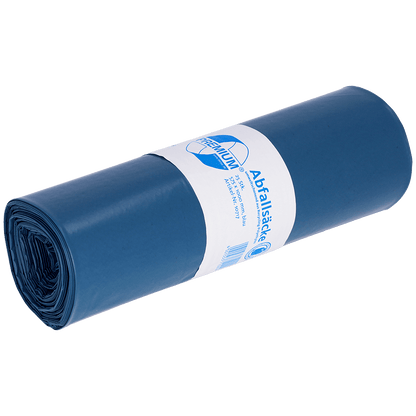 Μια μπλε τυλιγμένη σακούλα απορριμμάτων DEISS 70L από την EMIL DEISS KG (GmbH + Co.), από ανακυκλωμένο LDPE, με λευκή ετικέτα με μπλε γραφικά και γερμανικό κείμενο· Μέγεθος: 575x1000x0,07 mm, ιδανική για την καθημερινή αποκομιδή απορριμμάτων.