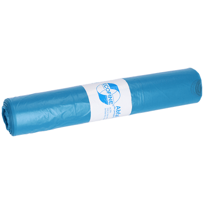 Ένας μπλε ρολός σάκων απορριμμάτων DEISS ECOFINE® 13900 (120L, ανακυκλωμένο LDPE/LLDPE) της EMIL DEISS KG (GmbH + Co.) με λευκή ετικέτα με κείμενο και λογότυπο σε λευκό φόντο - ιδανικός για περιβαλλοντικά υπεύθυνη απόρριψη.