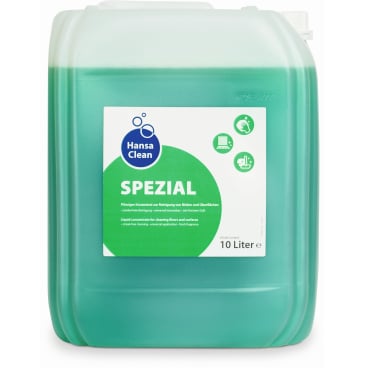 10-Liter-Behälter aus transparentem Kunststoff mit Dr. Schumacher HANSA CLEAN SPEZIAL von der Dr. Schumacher GmbH, mit grünem Flüssigreiniger für Böden und Oberflächen, gegen hartnäckigen Schmutz. Weiß-grünes Etikett mit Symbolen und Text.