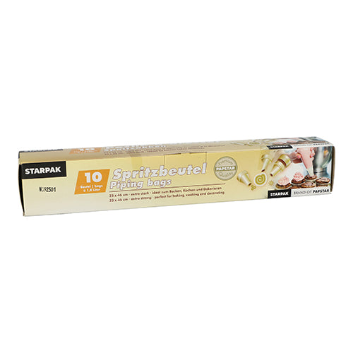 Το σετ Starpak 10 σακούλες με ακροφύσια περιλαμβάνει δέκα διαφανείς σακούλες (1,8 λίτρα, 46 x 23 εκ.) με τρία ακροφύσια σε ένα κουτί αναδίπλωσης. Ιδανικό για κέικ, διακοσμήσεις ζαχαροπλαστικής ή την κουζίνα. Η συσκευασία περιέχει κείμενα στα γερμανικά και αγγλικά καθώς και εικόνες προϊόντων.