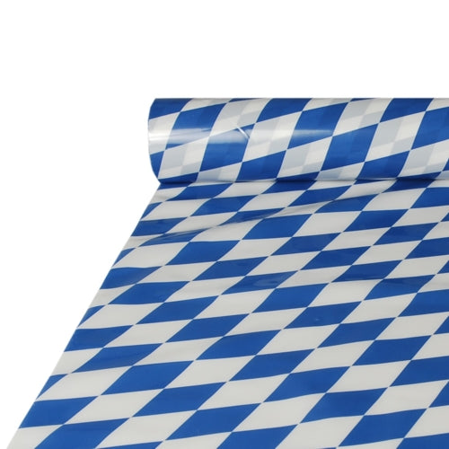 Eine Starpak-Tischdeckenfolie (1 Rolle), 20 m x 1 m, weist ein glänzendes bayerisch-blau-weißes Rautenmuster auf, das von der bayerischen Flagge inspiriert ist und sich ideal für festliche Anlässe eignet.