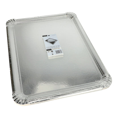 Starpak 10 δίσκοι σερβιρίσματος, τετράγωνοι, 34 x 45,5 cm, ασημί – χαρτόνι με επίστρωση PET – σε πρακτική συσκευασία των 10 με ετικέτα προϊόντος· Ιδανικό για κομψό στήσιμο και παρουσίαση των πιάτων σας.