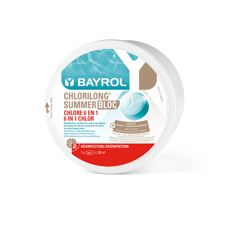 BAYROL Chlorilong Summer Bloc 0,5 kg 6in1 Φροντίδα πισίνας για κρυστάλλινο καθαρό νερό | Συσκευασία (500 g) 