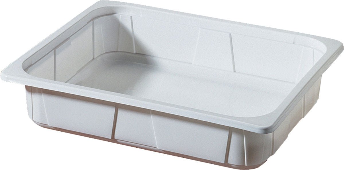 Η Duni GmbH PP Schale 1/2 GN Weiß PP 325x265 είναι ένας ορθογώνιος, επίπεδος, λευκός δίσκος με ελαφρώς ανασηκωμένες πλευρές και στρογγυλεμένες γωνίες, που είναι τέλειος για χρήση στην εστίαση και παρουσιάζεται σε απλό φόντο.
