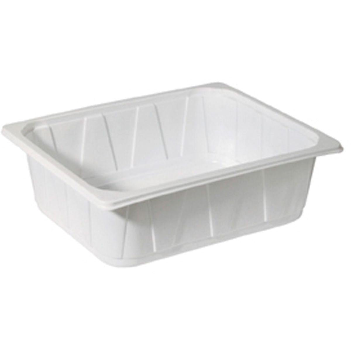 Η Duni GmbH PP Schale 1/2 GN Weiß PP 325x265 είναι ένας ορθογώνιος λευκός δοχείο με ελαφρώς κεκλιμένες πλευρές και φαρδύ χείλος, ιδανικός για χρήση στην εστίαση, απεικονίζεται σε ένα απλό λευκό φόντο.