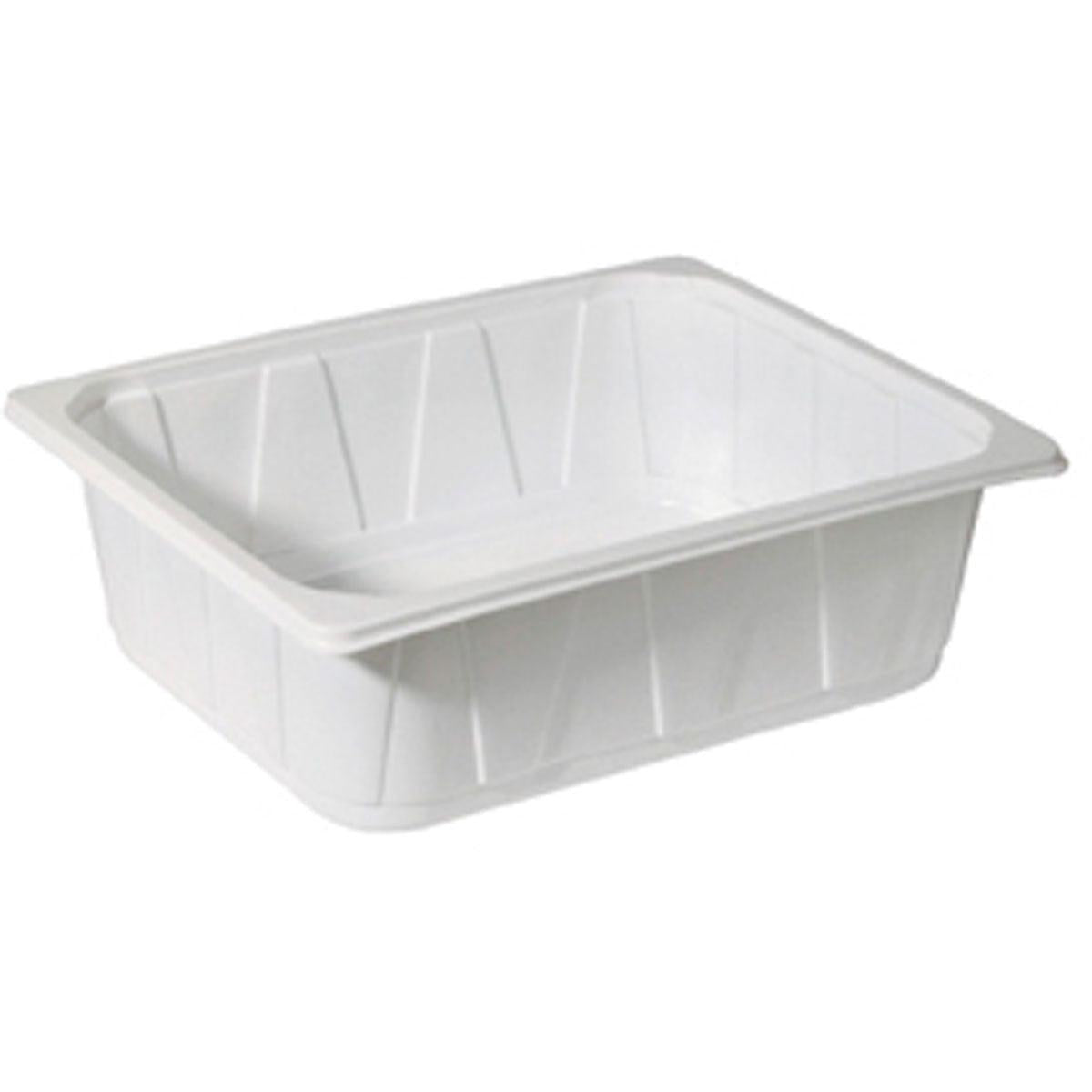 Die Duni GmbH PP Schale 1/2 GN Weiß PP 325x265 ist ein rechteckiger weißer Behälter mit leicht abgeschrägten Seiten und breitem Rand, ideal für den Einsatz in der Gastronomie, abgebildet auf einem schlichten weißen Hintergrund.