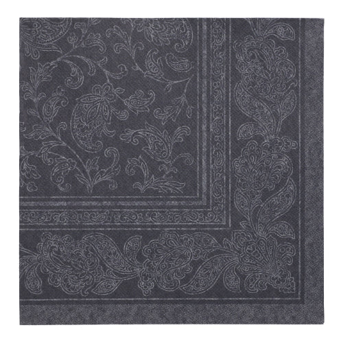 Dunkelgraue PAPSTAR GmbH 20 Servietten "ROYAL Collection" (40x40 cm, 1/4 gefaltet) mit detailliertem Paisley- und floralem Randmuster, feinen Linien und dezenter Bordüre - gefertigt aus hochwertigem Tissue.