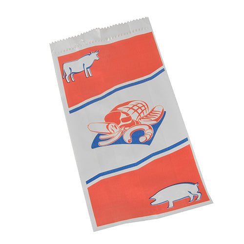 Η Kraftpapier Fleischerbeutel PAPSTAR GmbH (28x14x6 cm, λευκό με εκτύπωση, συρρικνωμένο φιλμ, 1000 τεμάχια) είναι ιδανική για κρεοπωλεία - ανθεκτικές σακούλες κρέατος με τυπωμένα μοτίβα ζώων και κρέατος για επαγγελματική χρήση.