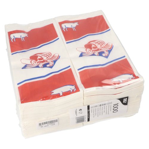 Ένα πακέτο με 1.000 Fleischerbeutel PAPSTAR GmbH από Kraftpapier (28x14x6 cm), λευκό με μοτίβο εκτύπωσης, δεμένο και συρρικνωμένο - ιδανικό ως σακούλα κρεοπωλείου.