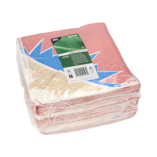 In einer versiegelten Kunststoffpackung der PAPSTAR GmbH befinden sich 1.000 „Zick-Zack“-Pommes-Frites-Spitztüten aus Pergamentersatz mit buntem Design und grünem Produktetikett auf der Oberseite.