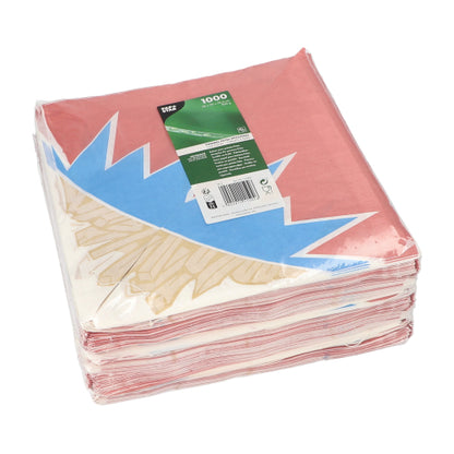 Μια στοίβα κόκκινων-μπλε-λευκών PAPSTAR 1000 κώνων πατάτας τηγανητής σε μορφή ζικ-ζακ (υποκατάστατο περγαμηνής) είναι συσκευασμένη σε διαφανή μεμβράνη και φέρει πράσινη ετικέτα της PAPSTAR GmbH.