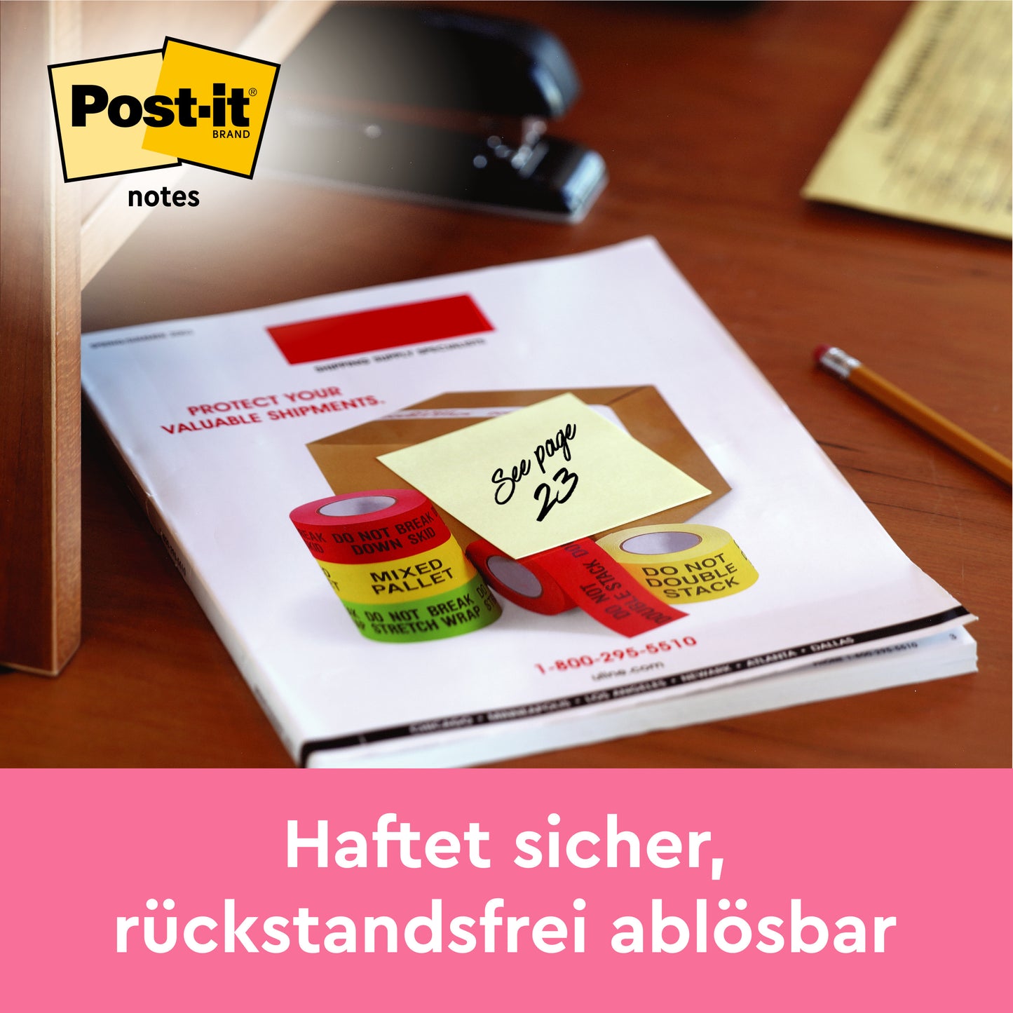 Ein gelber Post-it® Zettel (76x76mm) mit der Aufschrift "Siehe Seite 23" liegt auf Papier. Auf einem rosa Banner steht in deutscher Sprache: "Haftet sicher, rückstandsfrei ablösbar." 3M Deutschland GmbH, 14 Blöcke + 4 Super Sticky gratis, 100% PEFC. Perfekt für Haftnotizen!.