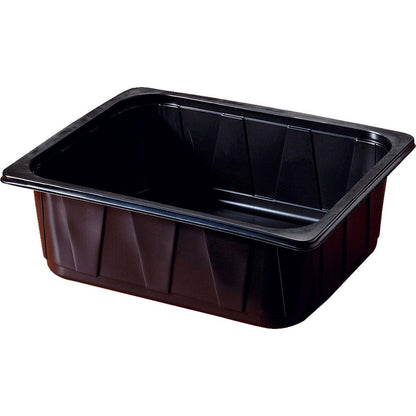 Η Duni GmbH PP Schale 1/2 GN Schwarz PP 325x265 είναι ένα ορθογώνιο, βαθύ μαύρο μπολ σερβιρίσματος με ελαφρώς κεκλιμένες πλευρές και λείο χείλος, ιδανικό για τη γαστρονομία ή το catering, απεικονισμένο σε λευκό φόντο.